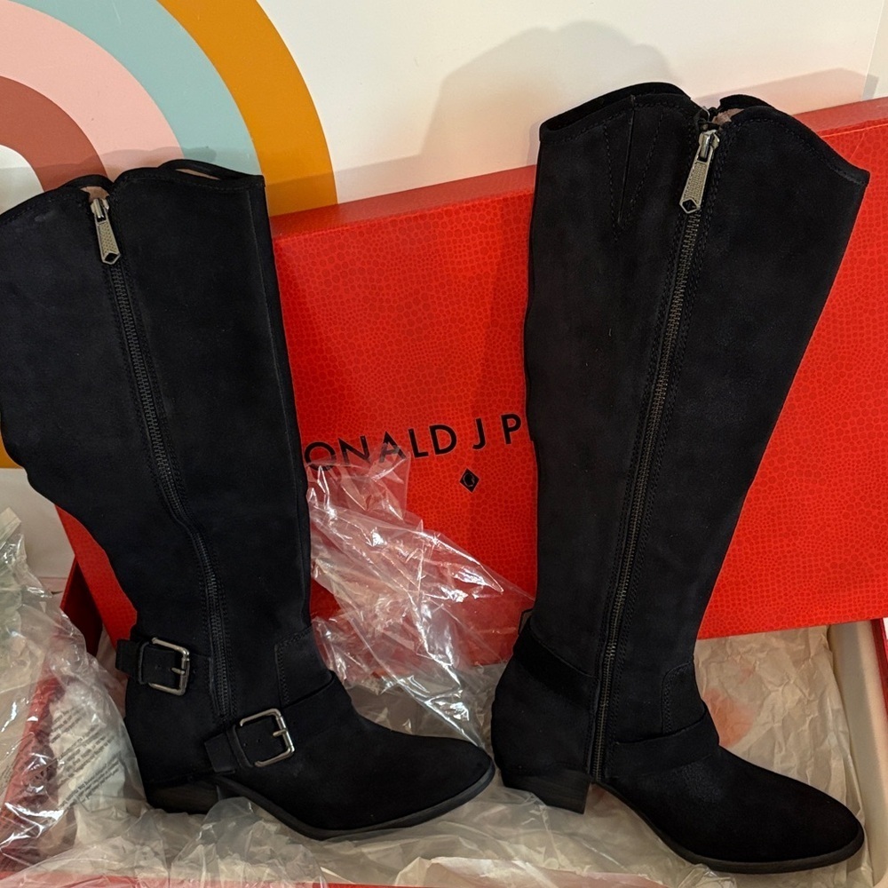 NWT NIB Donald J. Pliner Black Suede Equestrian Tall Boots - Picture 5 of 12